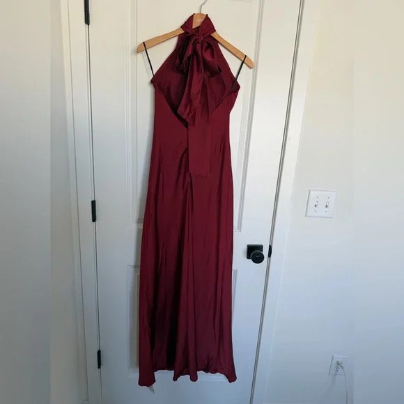 NWT Commense Burgundy Maroon Halter Maxi Gown Satin Open Back Small - Picture 4 of 5